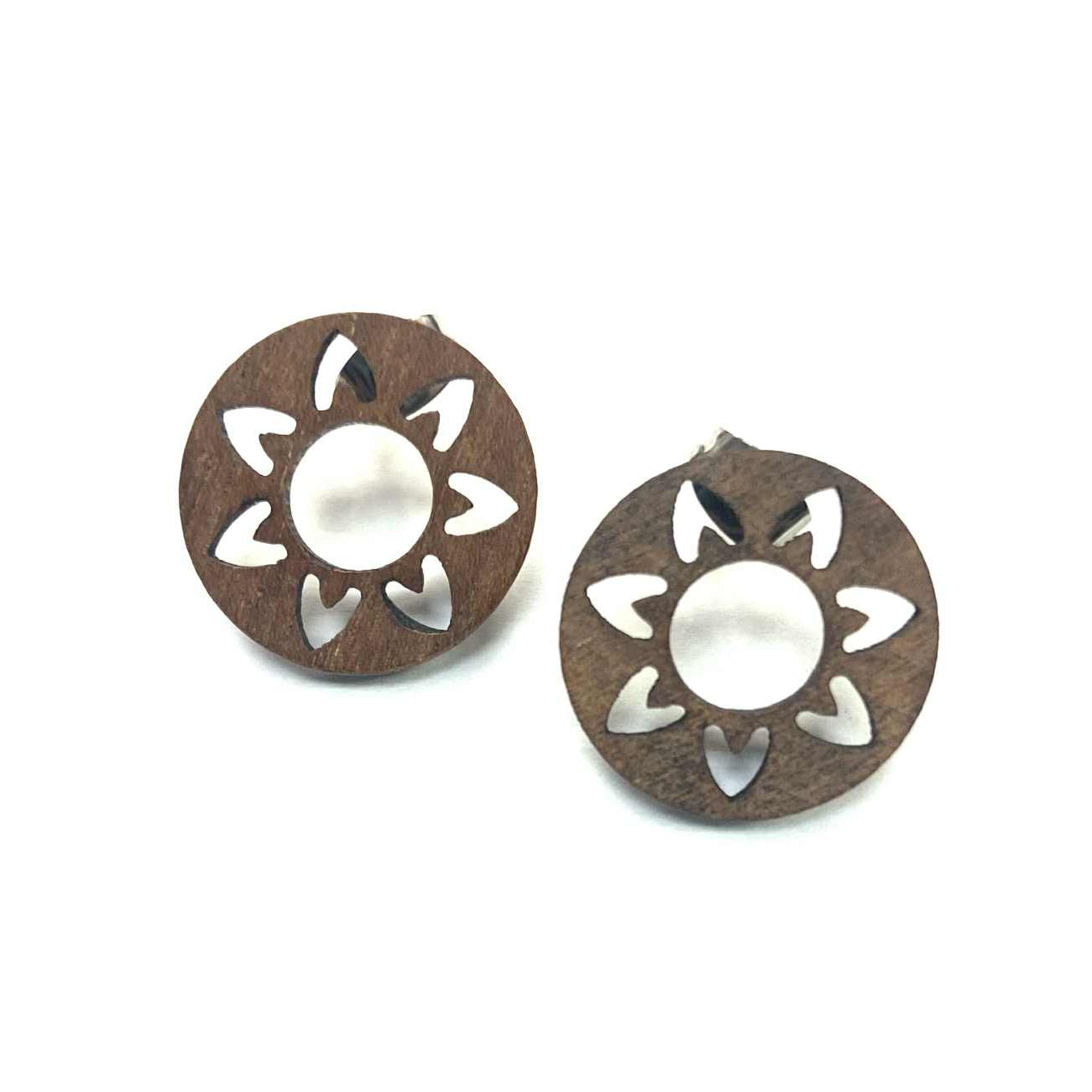 Boucles d'oreilles - Bouton cercle de bois fleur - Rouge Inox