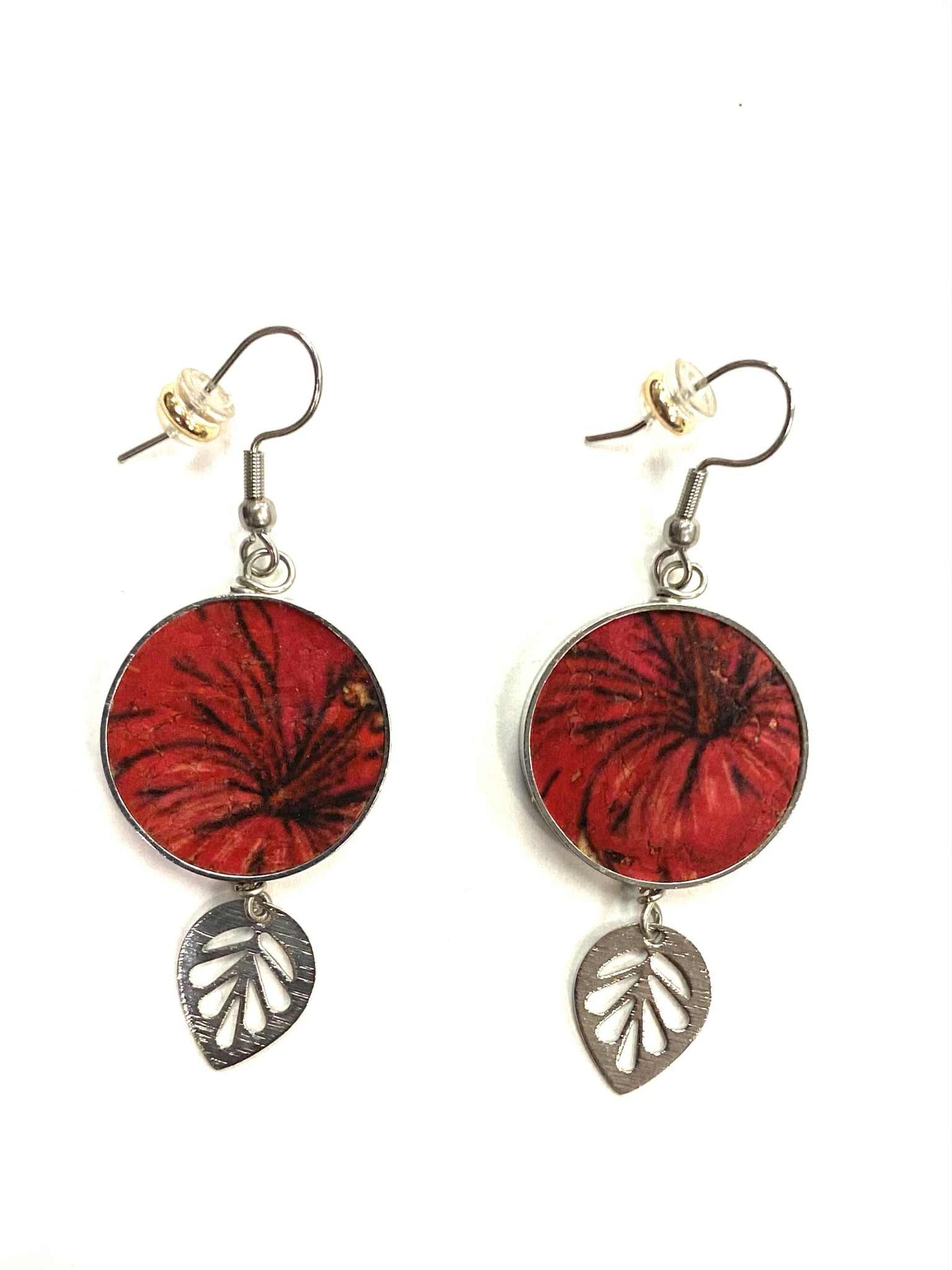 Boucles d'oreilles - Cercle - Liège fleur rouge - Création Fish