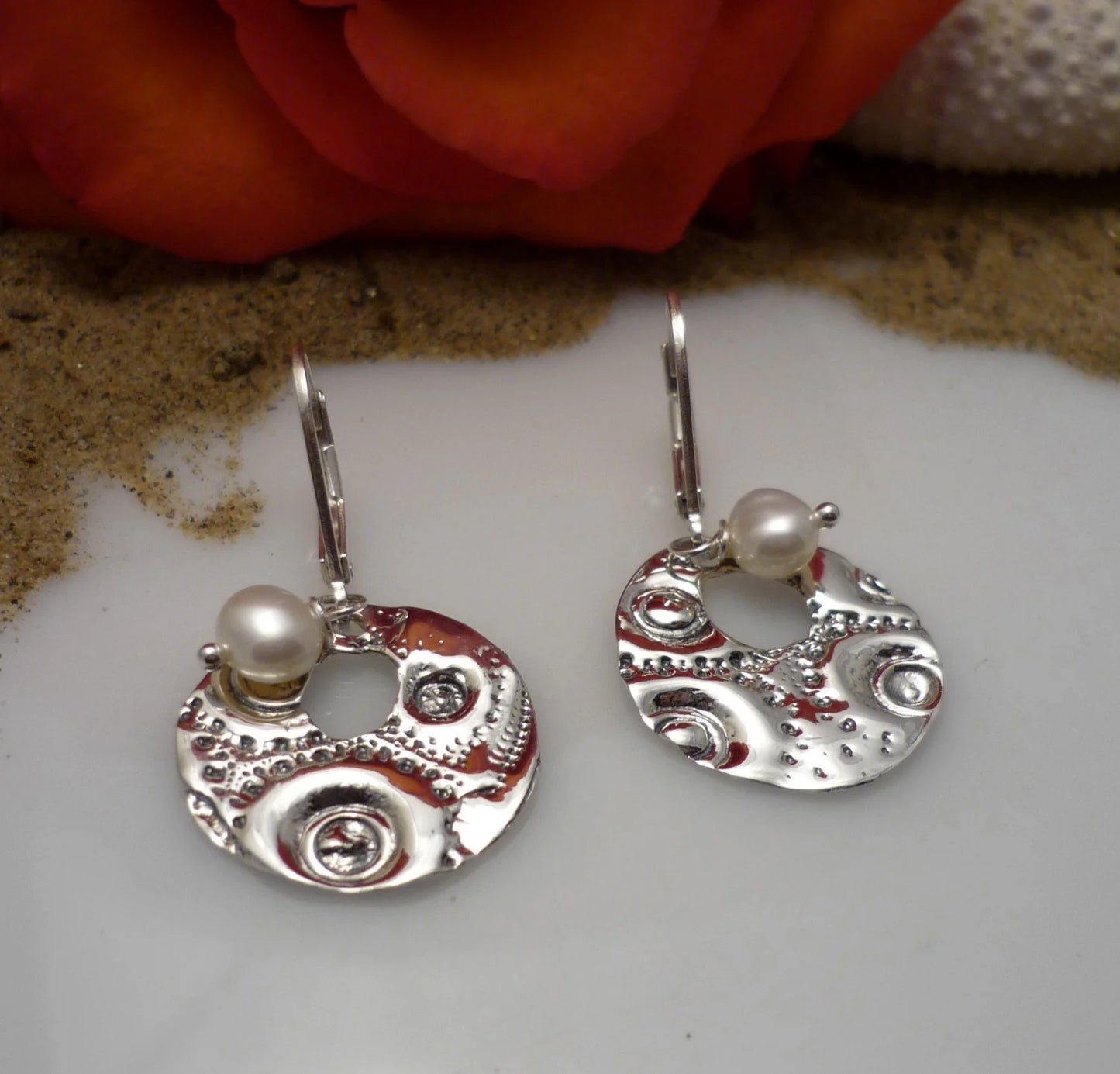 Pearl Sand Dollar Earrings, Sterling Silver and Freshwater Pearl - Marie-Ève ​​Bordeleau