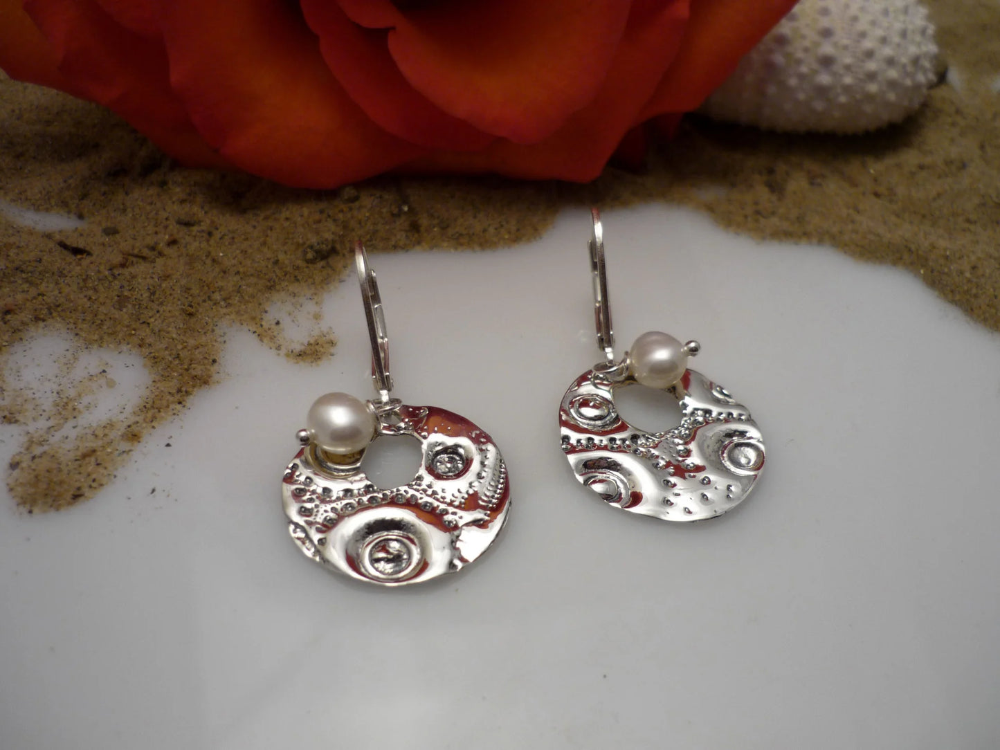 Pearl Sand Dollar Earrings, Sterling Silver and Freshwater Pearl - Marie-Ève ​​Bordeleau