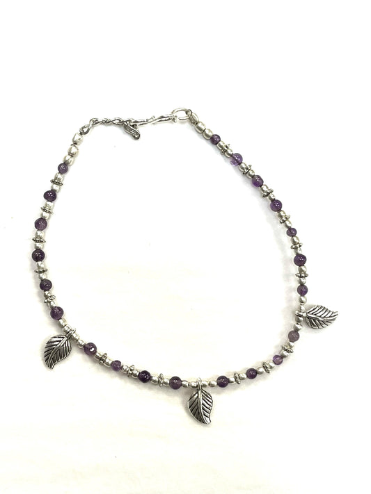 Bracelet de cheville RI34 - Feuille d'argent améthyste - Rouge Import