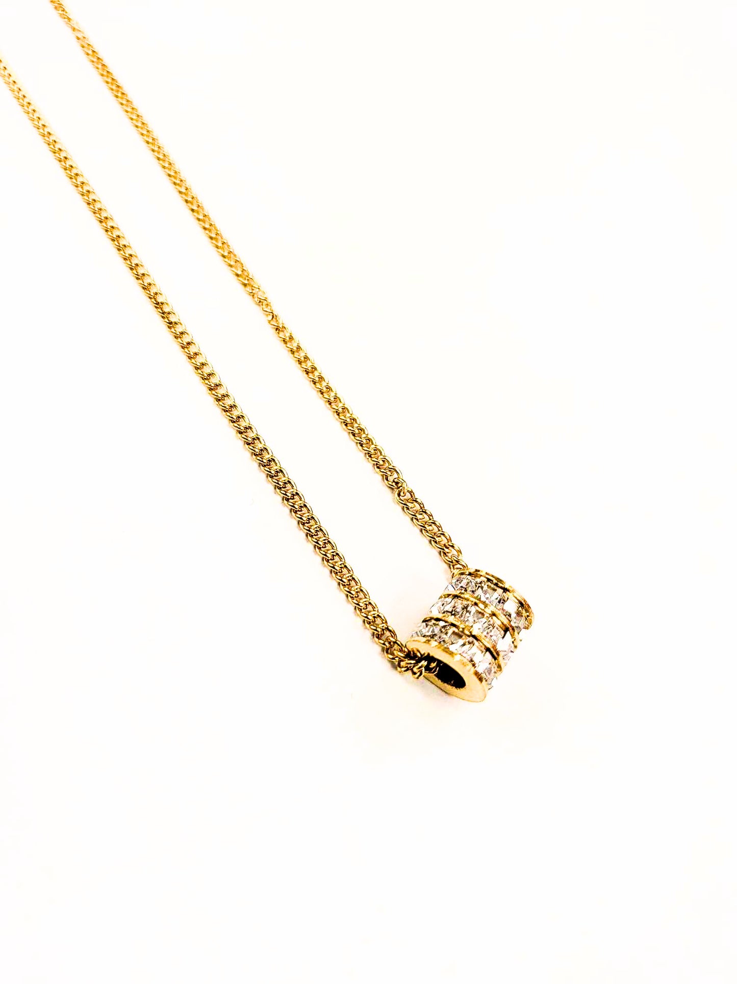 Collier Inox Cylindre et Zircon - or - Rouge Inox