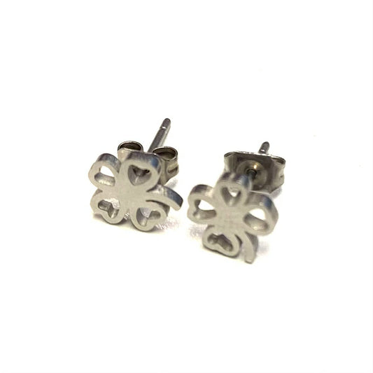 Earrings - Silver Clover - Red Stainless Steel