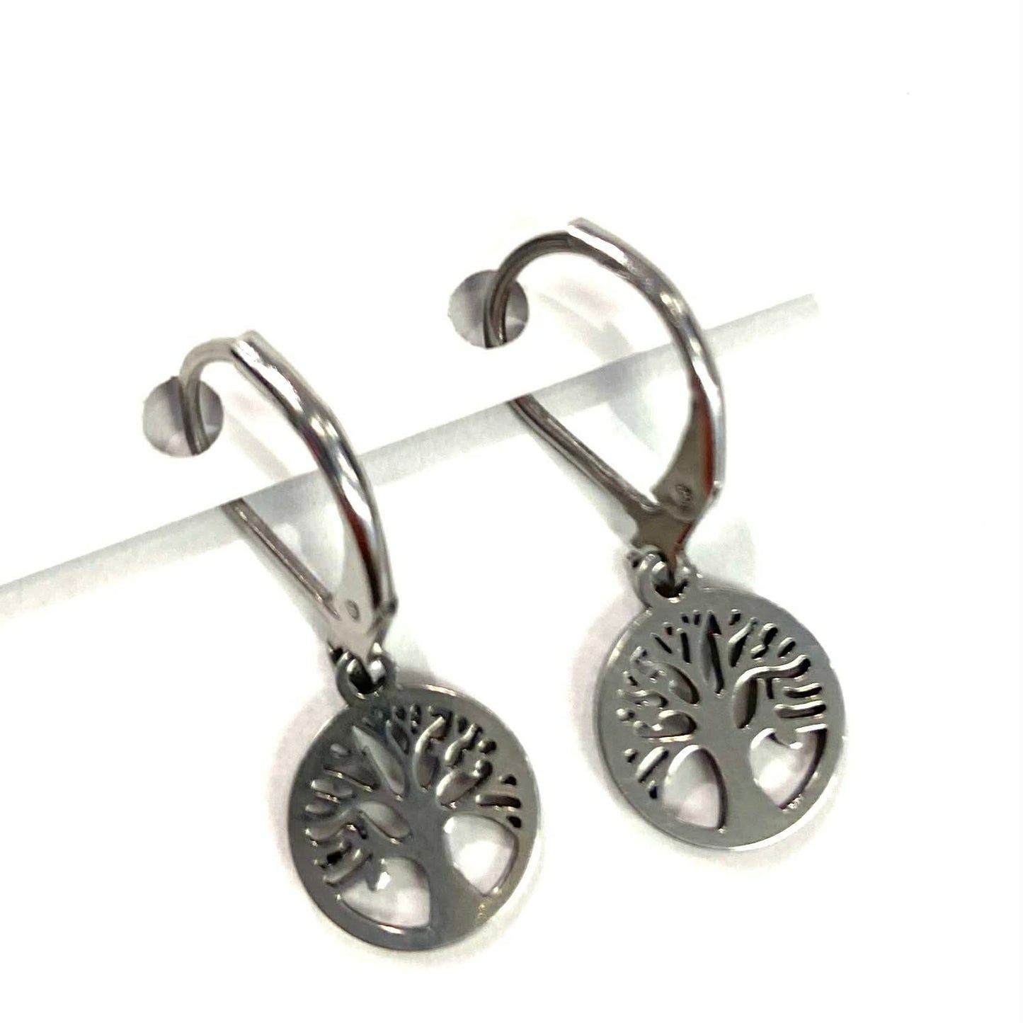 Small Tree of Life Drop Earrings - Silver - Red Stainless Steel