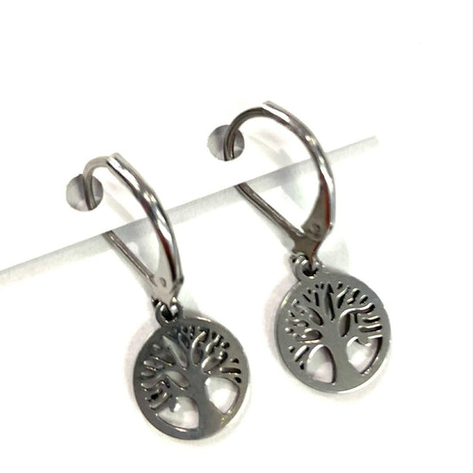 Boucles d'oreilles petites tombantes Arbre de vie - Argent - Rouge Inox