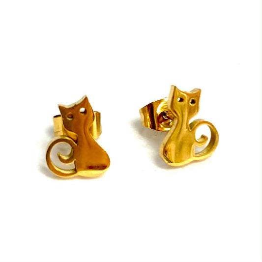 Boucles d'oreilles - Chat surpris - Or - Rouge Inox