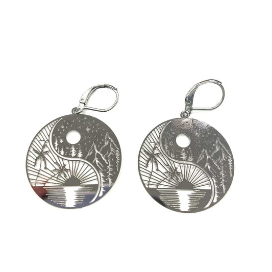 Boucles d'oreilles - Ying yang paysage - Rouge Inox