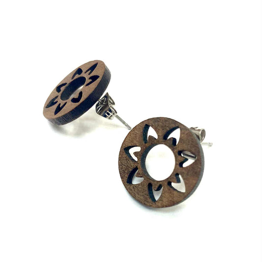 Boucles d'oreilles - Bouton cercle de bois fleur - Rouge Inox