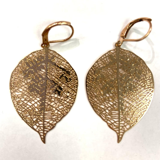 Boucles d'oreilles - Feuille nervures or - Rouge Inox