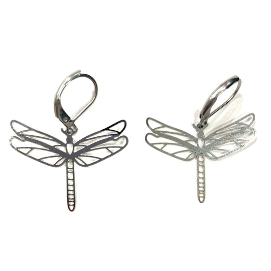 Boucles d'oreilles - Libellule couleur argent - Rouge Inox