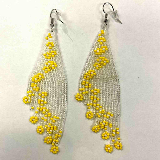 Boucles d'oreilles - Perlage - Asymétriques fleurs jaunes - Rouge Inox
