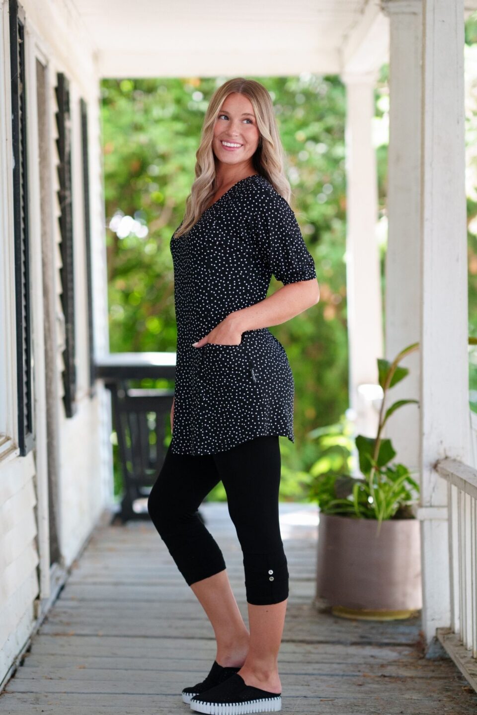 Martini tunic with black and white polka dots