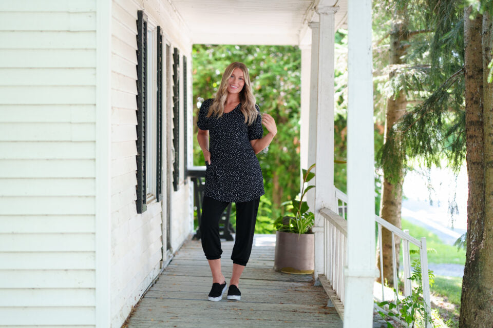 Martini tunic with black and white polka dots