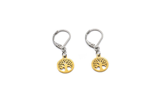 Boucles d'oreilles tombantes Arbre de vie - Or - Rouge Inox