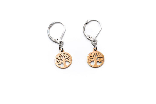 Boucles d'oreilles tombantes Arbre de vie - Or rose - Rouge Inox