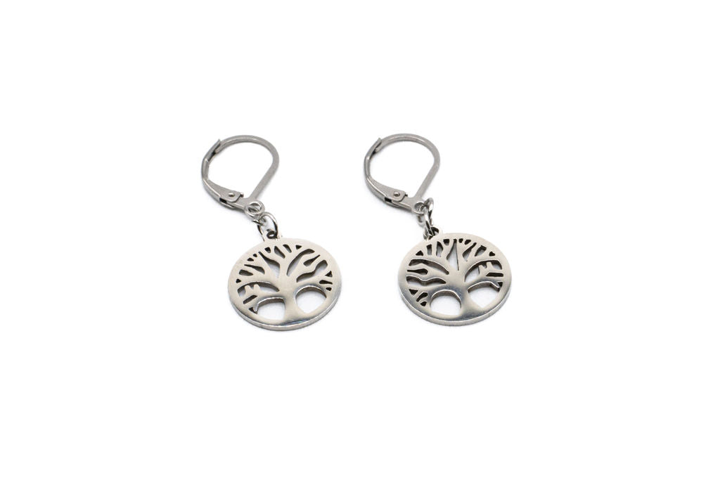 Boucles d'oreilles tombantes Arbre de vie - Argent - Rouge Inox