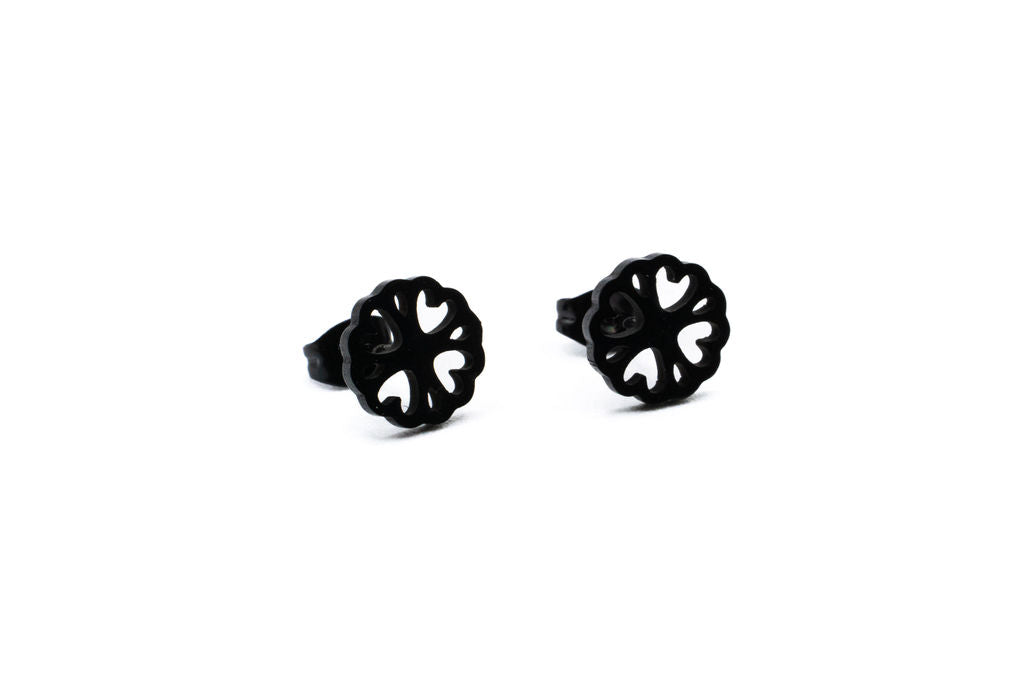 Boucles d’oreilles Fleurs-Coeurs noir - Rouge Inox