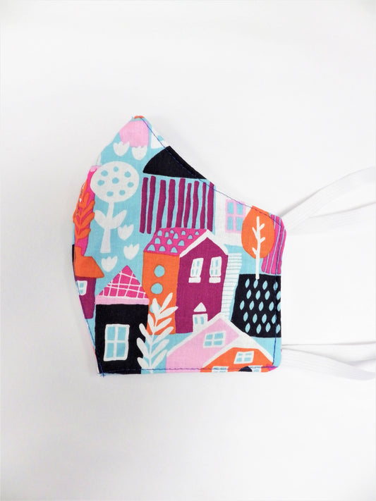 Bleu & maisons roses