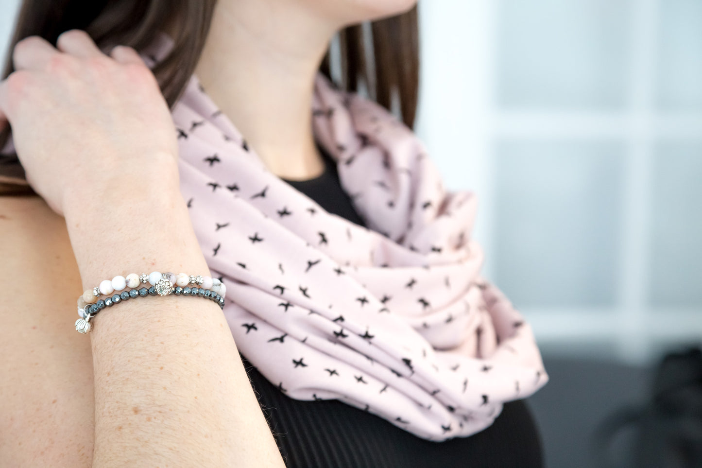 Foulard Baluchon rose et oiseaux