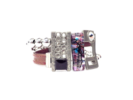 Bracelet cuir et stainless mauve - Créart