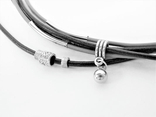 Collier/Bracelet noir et gris, attache blanche, boule - MJ Bijoux