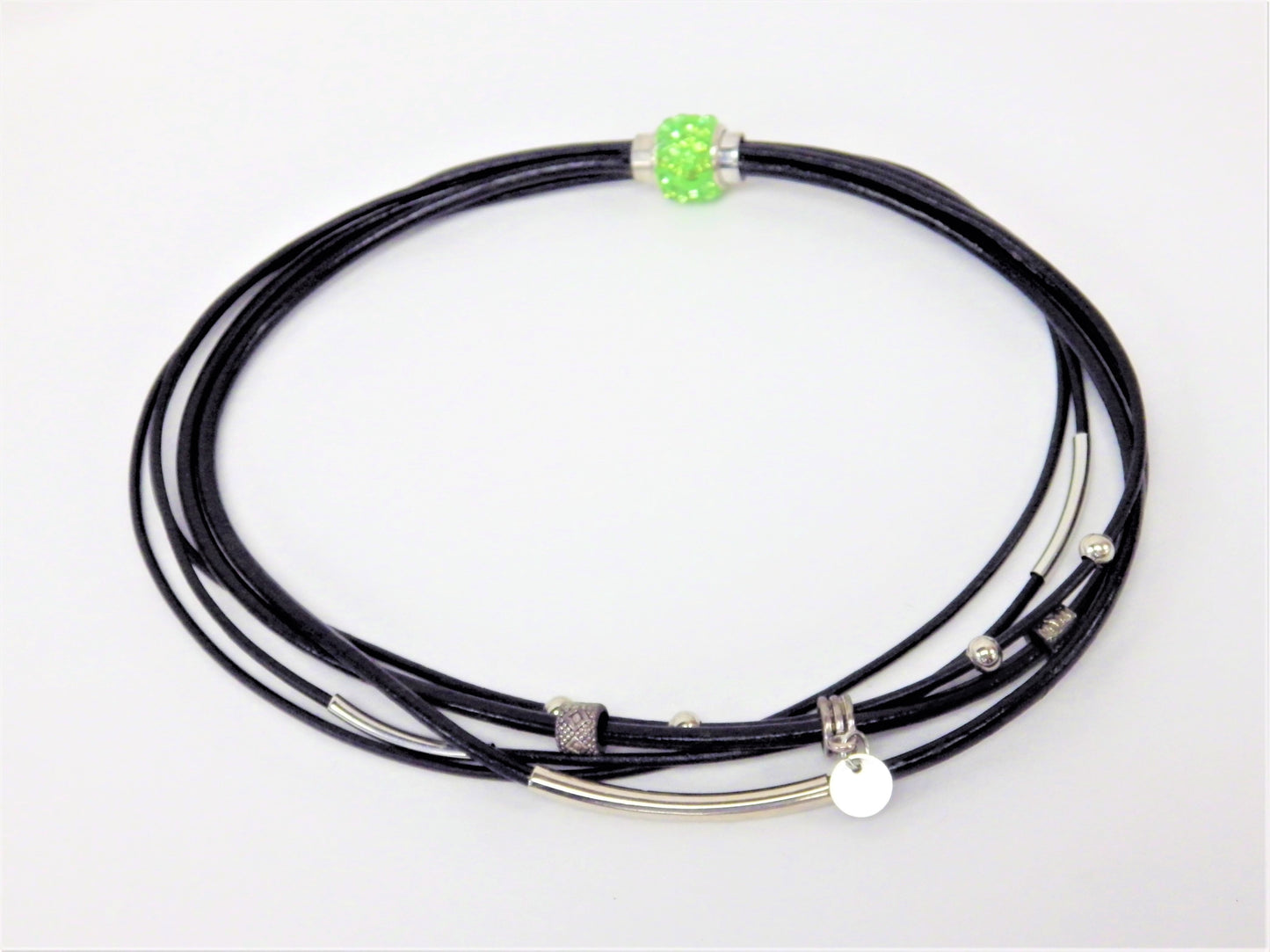 Black necklace/bracelet, green clasp, tubes, beads and silver medallion - MJ Bijoux