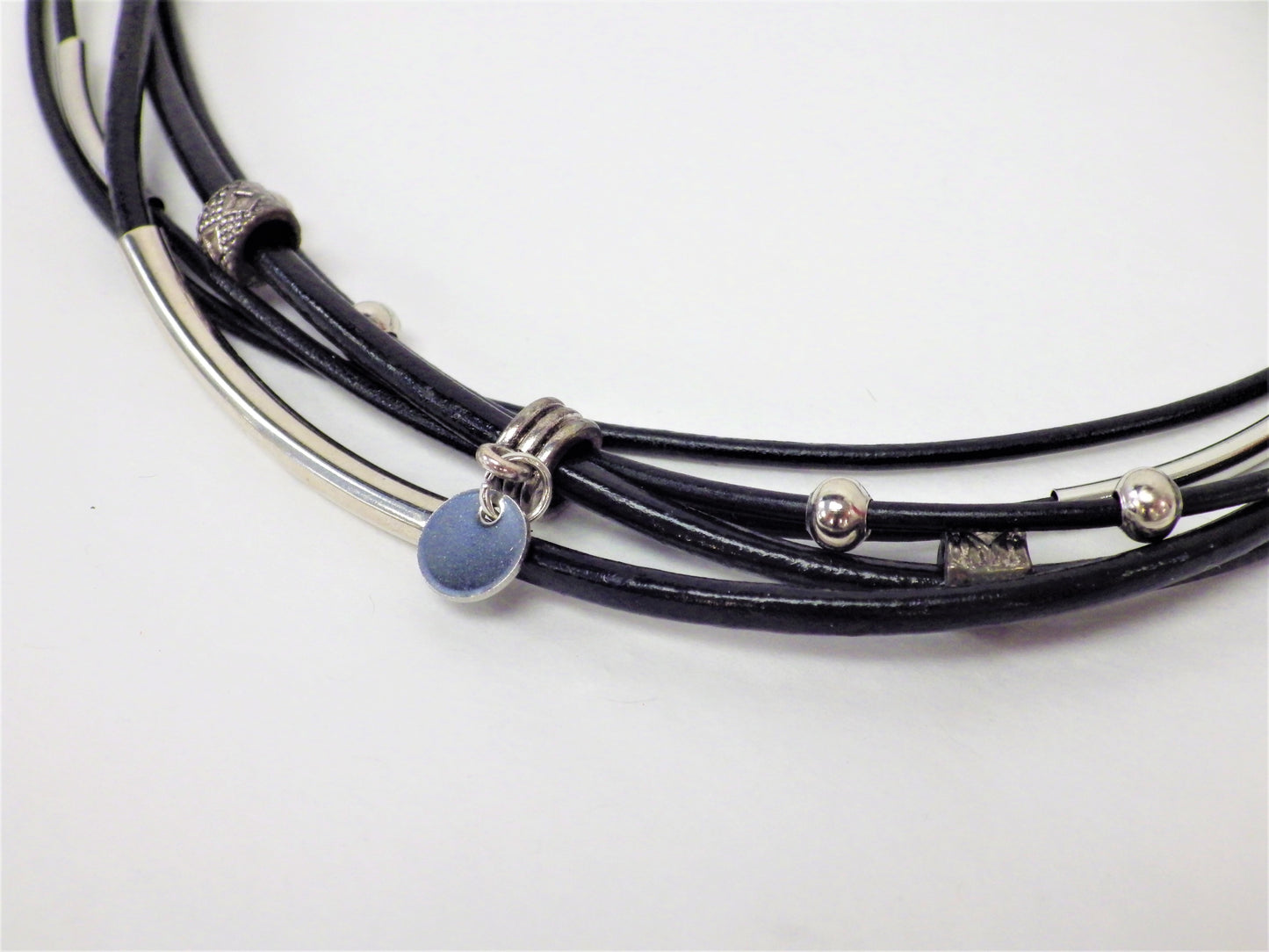 Black necklace/bracelet, green clasp, tubes, beads and silver medallion - MJ Bijoux