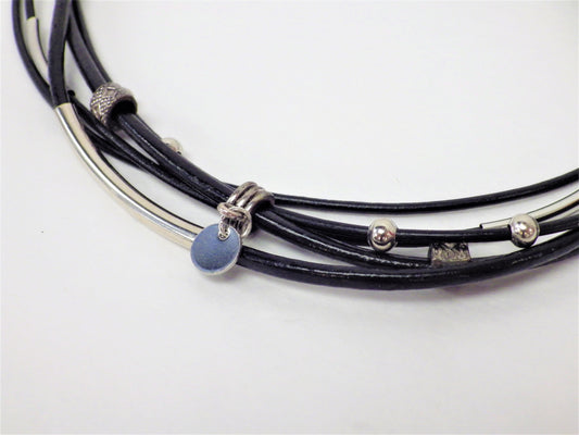 Black necklace/bracelet, green clasp, tubes, beads and silver medallion - MJ Bijoux