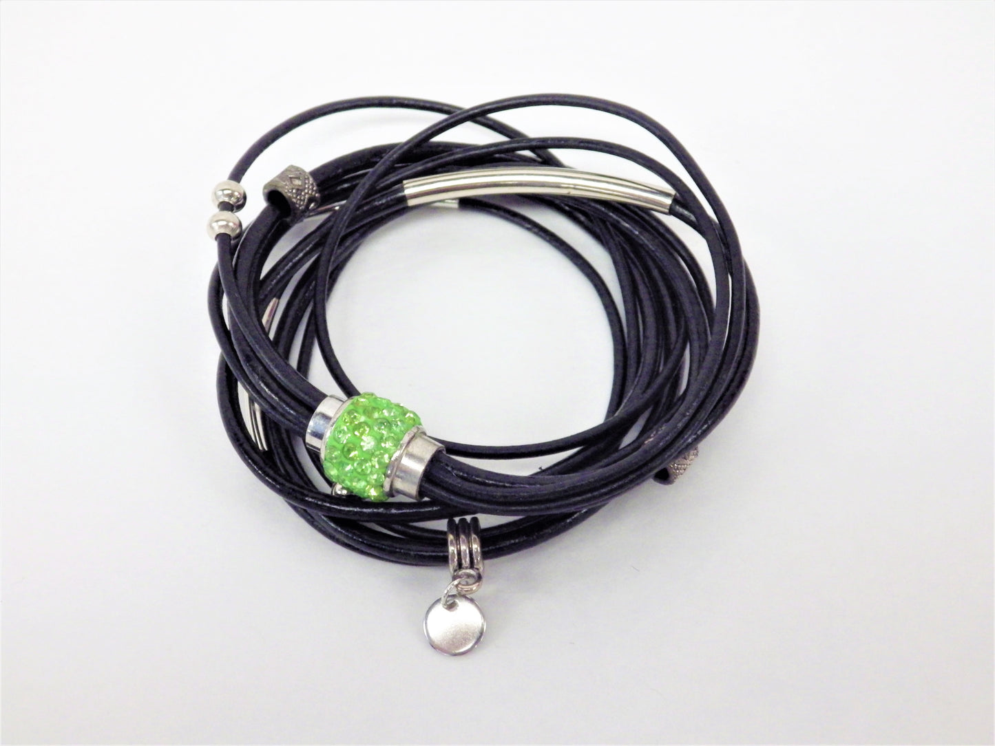 Black necklace/bracelet, green clasp, tubes, beads and silver medallion - MJ Bijoux