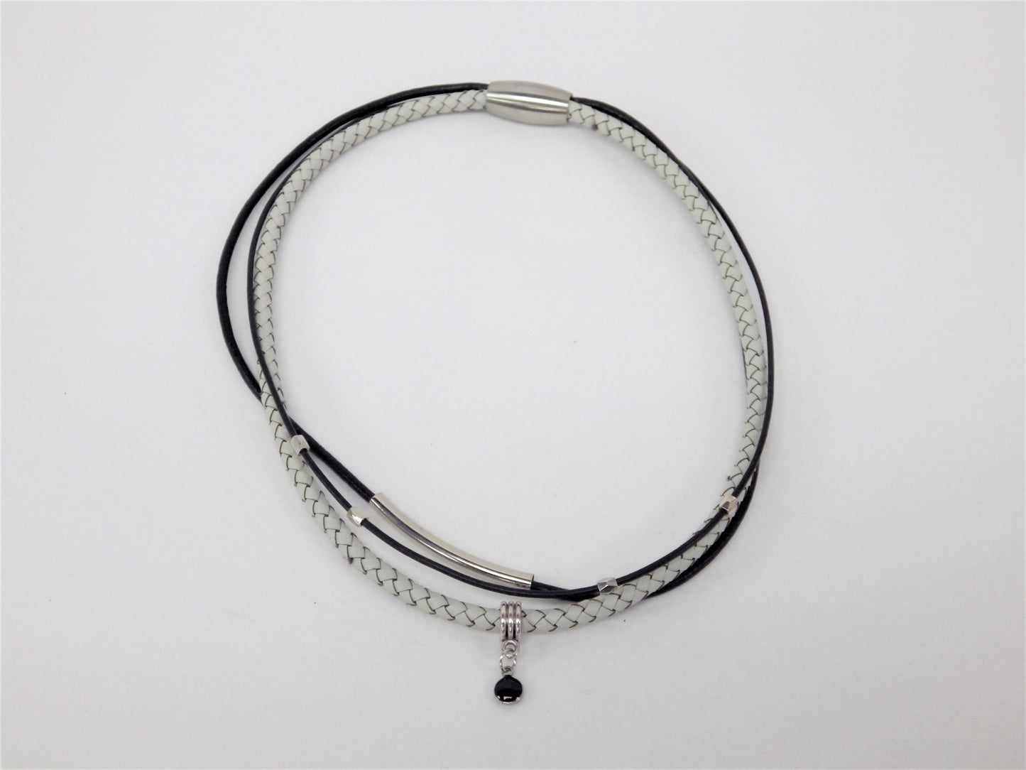 Black necklace/bracelet, ivory braid, hammered beads - MJ Bijoux