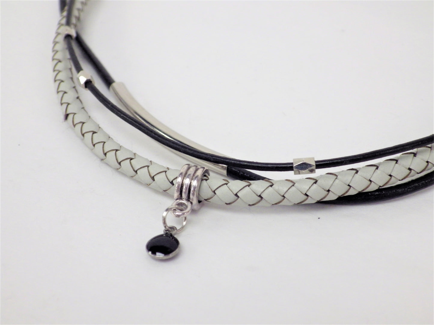 Black necklace/bracelet, ivory braid, hammered beads - MJ Bijoux