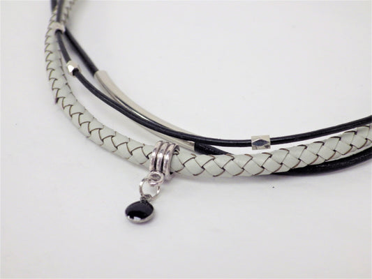 Black necklace/bracelet, ivory braid, hammered beads - MJ Bijoux