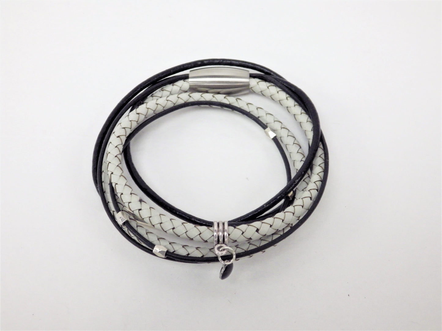 Black necklace/bracelet, ivory braid, hammered beads - MJ Bijoux