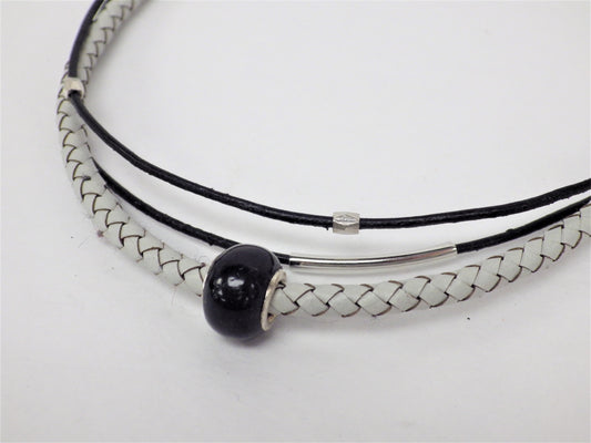 Collier/Bracelet noir, tresse ivoire, boule noire - MJ Bijoux