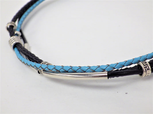 Black necklace/bracelet, pale blue braid - MJ Bijoux