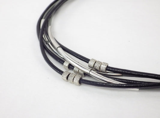 Collier/Bracelet noir et gris, tubes - MJ Bijoux