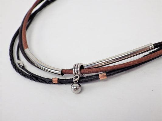 Collier/Bracelet brun deux tons et tresse noire, tubes et petite boule - MJ Bijoux