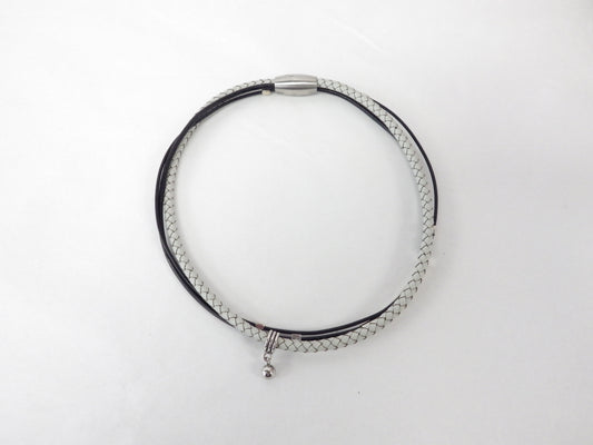 Collier/Bracelet noir et brun, tresse grise, tubes et médaillon boule - MJ Bijoux