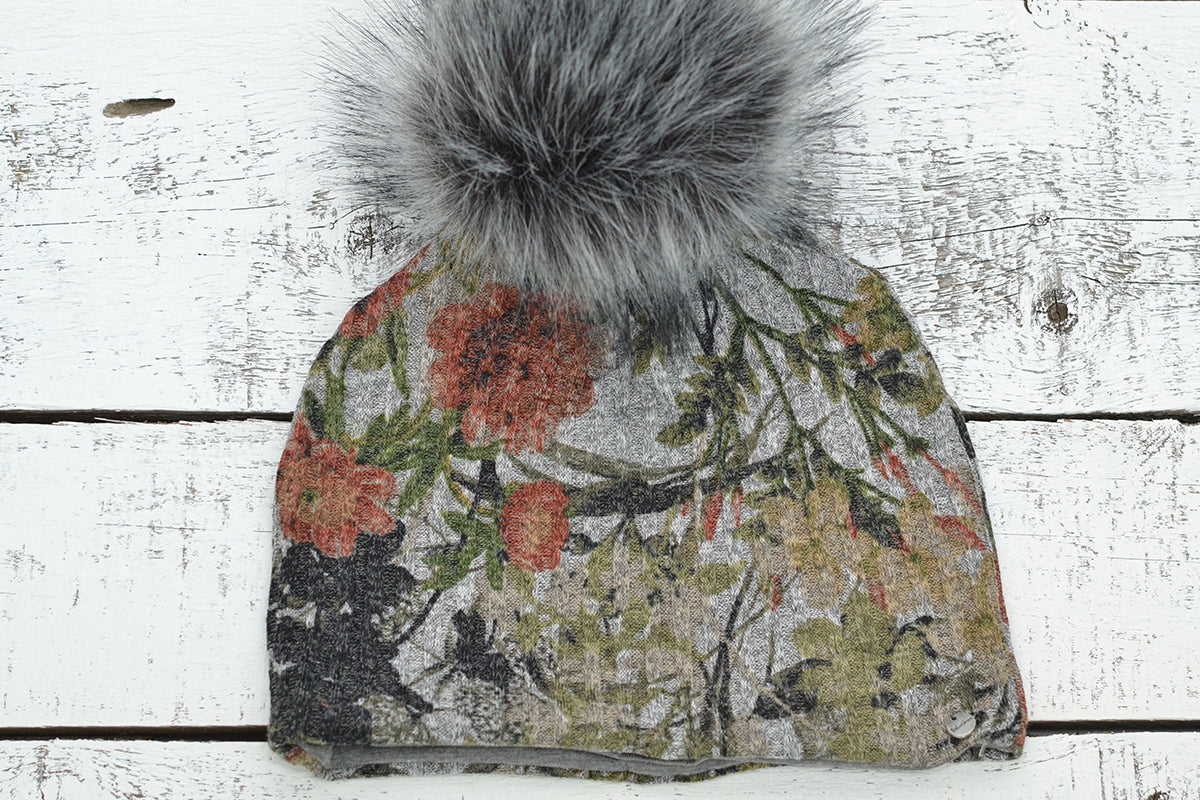 Tuque Grise fleurs orange beige  - Baluchon