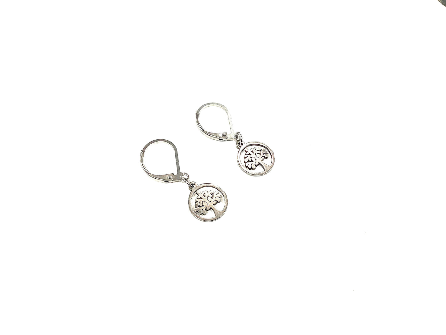 Boucles d'oreilles petites tombantes Arbre de vie - Argent - Rouge Inox