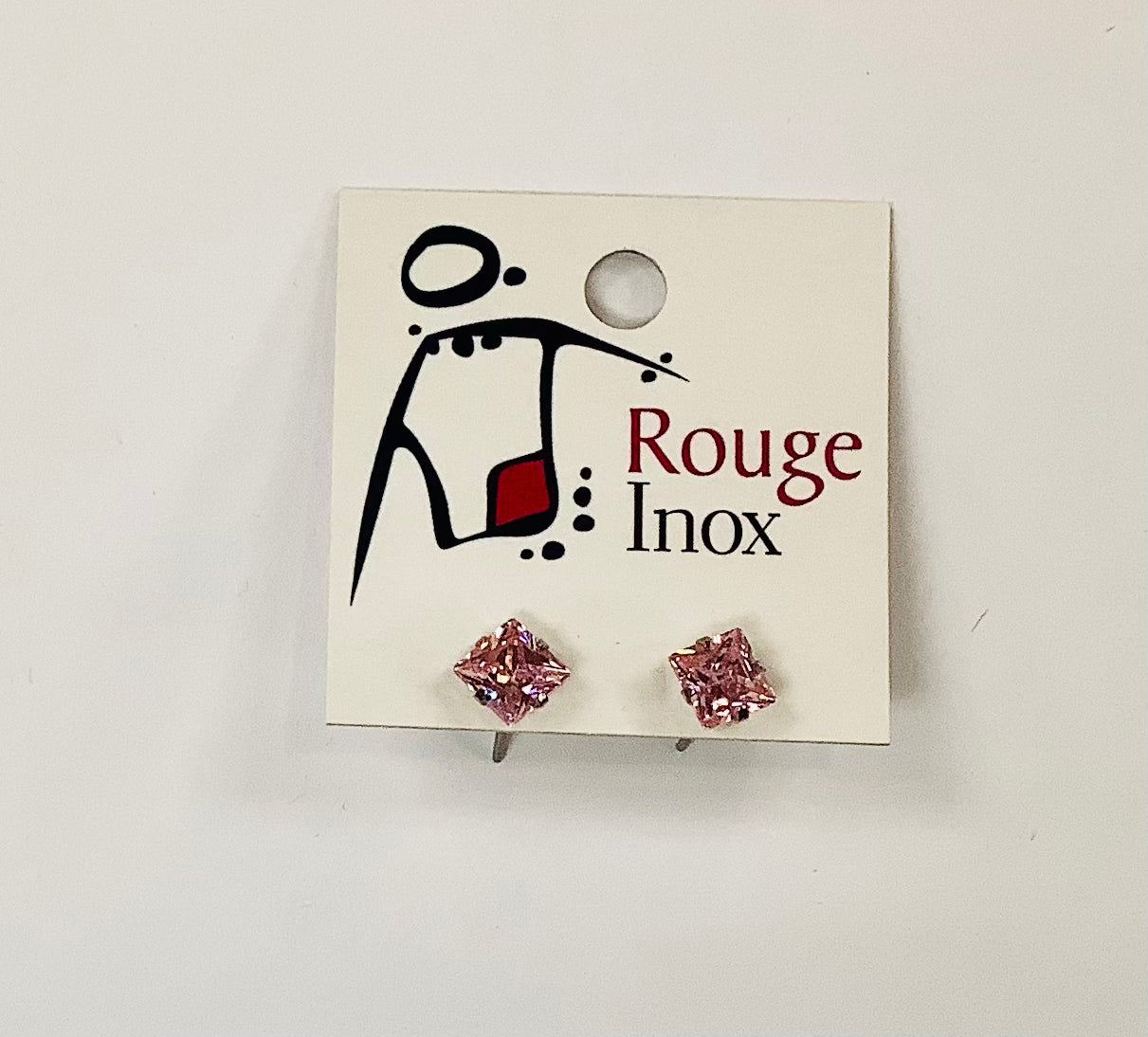 BO zircon carré rose 6mm- Rouge Inox