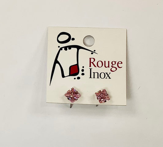 BO zircon carré rose 6mm- Rouge Inox