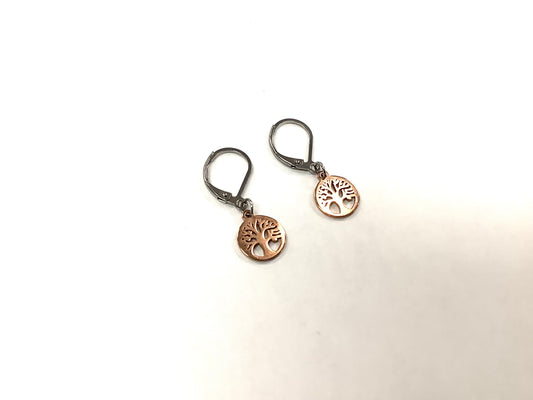 Boucles d'oreilles petites tombantes Arbre de vie - Or rose - Rouge Inox