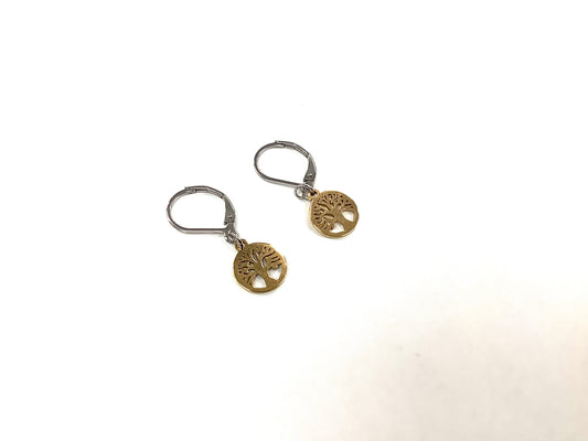Boucles d'oreilles petites tombantes Arbre de vie - Or - Rouge Inox